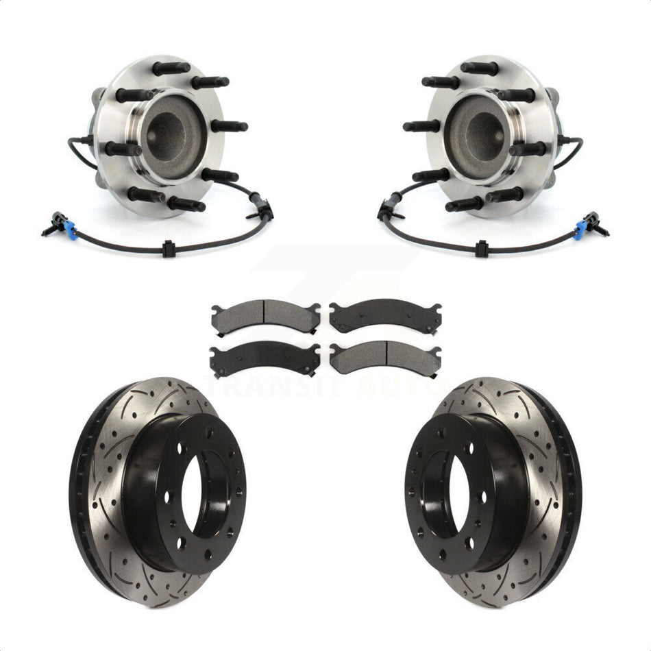 Front Hub Bearing Assembly With Coated Drilled Slotted Disc Brake Rotors And Semi-Metallic Pads Kit For Chevrolet Express 2500 3500 GMC Savana KBB-103185