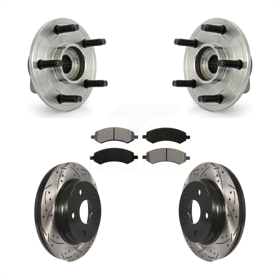 Front Hub Bearing Assembly With Coated Drilled Slotted Disc Brake Rotors And Semi-Metallic Pads Kit For Dodge Ram 1500 5 Lug Wheels KBB-103186