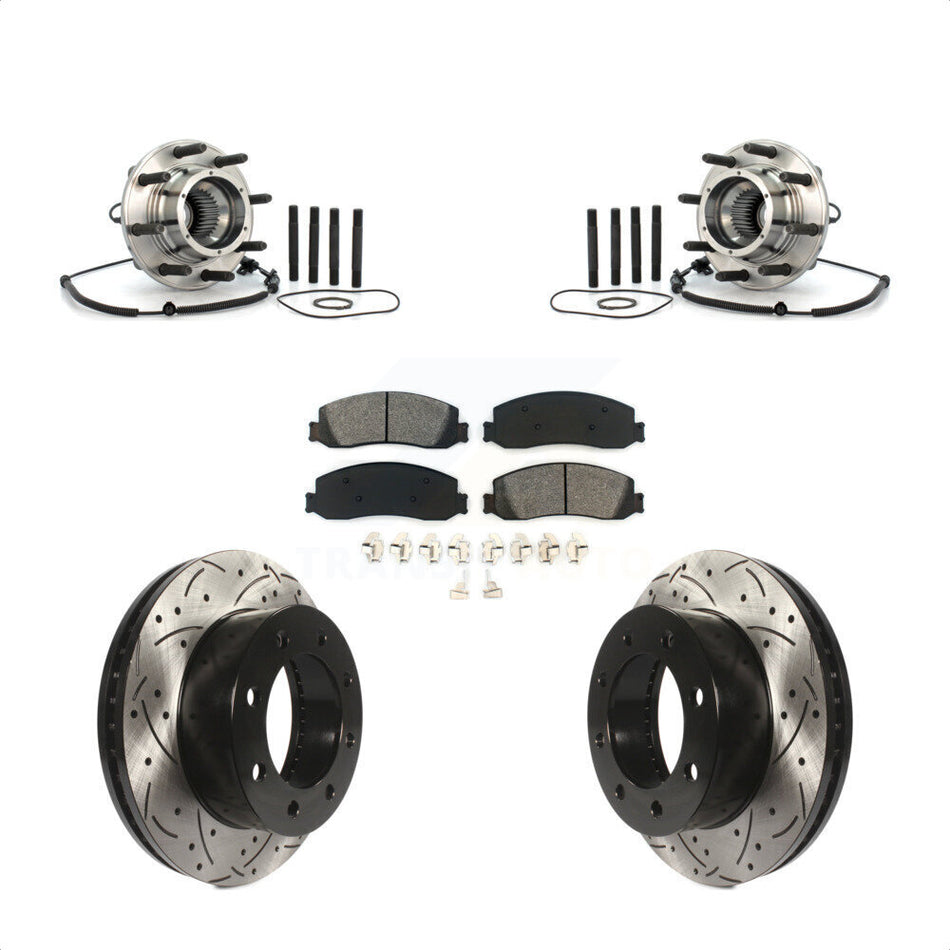 Front Hub Bearing Assembly With Coated Drilled Slotted Disc Brake Rotors And Semi-Metallic Pads Kit For 2010 Ford F-250 Super Duty 4WD Single Rear Wheels KBB-103191