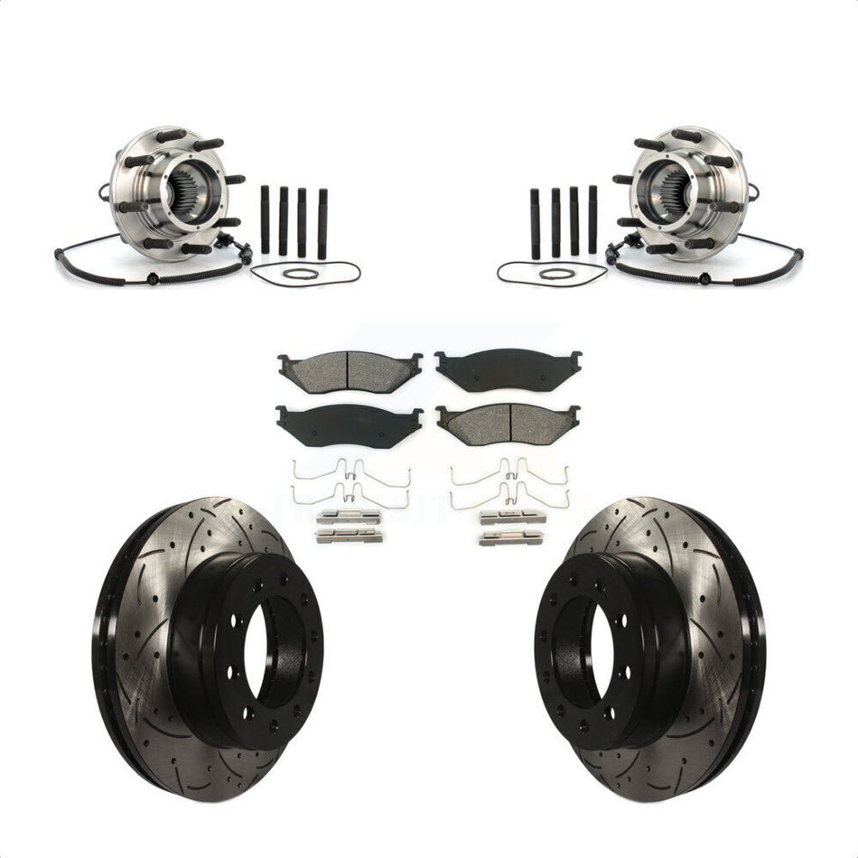 Front Hub Bearing Assembly With Coated Drilled Slotted Disc Brake Rotors And Semi-Metallic Pads Kit For 2010 Ford F-550 Super Duty 4 X Single Rear Wheels KBB-103192