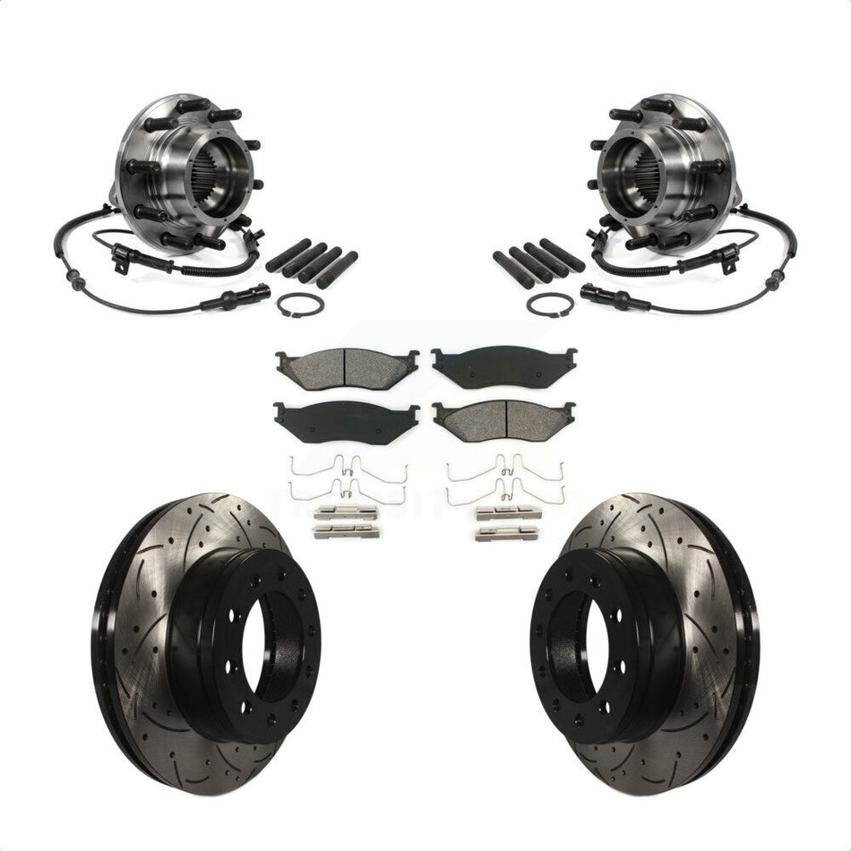 Front Hub Bearing Assembly With Coated Drilled Slotted Disc Brake Rotors And Semi-Metallic Pads Kit For 2005-2010 Ford F-550 Super Duty 4 X Dual Rear Wheels KBB-103194