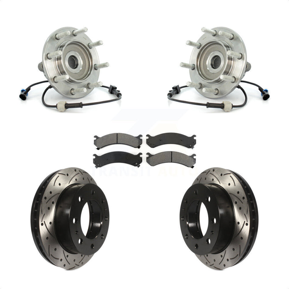 Front Hub Bearing Assembly With Coated Drilled Slotted Disc Brake Rotors And Semi-Metallic Pads Kit For Chevrolet Silverado 3500 GMC Sierra Classic RWD KBB-103196