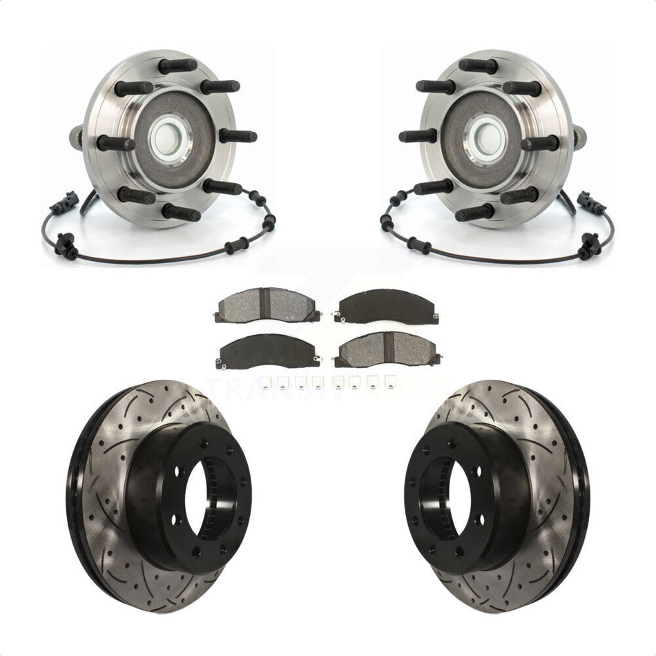 Front Hub Bearing Assembly With Coated Drilled Slotted Disc Brake Rotors And Semi-Metallic Pads Kit For Dodge Ram 2500 3500 RWD KBB-103215