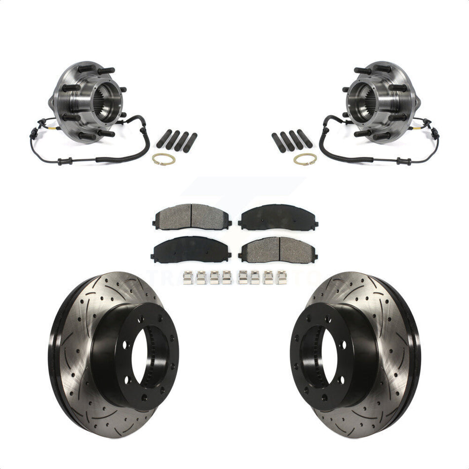 Front Hub Bearing Assembly With Coated Drilled Slotted Disc Brake Rotors And Semi-Metallic Pads Kit For 2014 Ford F-350 Super Duty 4WD Dual Rear Wheels KBB-103221