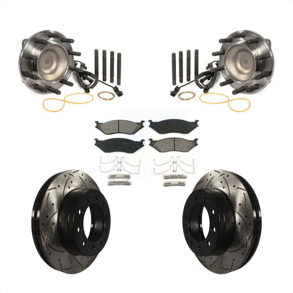 Front Hub Bearing Assembly With Coated Drilled Slotted Disc Brake Rotors And Semi-Metallic Pads Kit For 2011-2016 Ford F-450 Super Duty F-550 4 X 2 KBB-103222