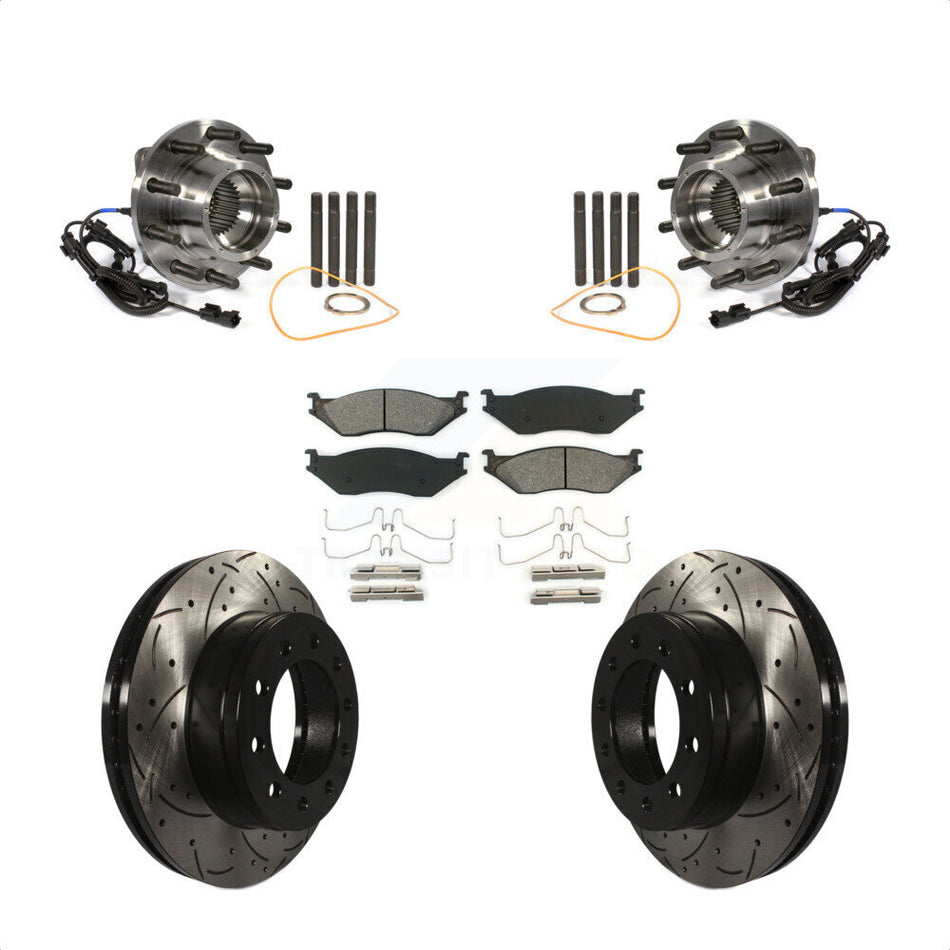 Front Hub Bearing Assembly With Coated Drilled Slotted Disc Brake Rotors And Semi-Metallic Pads Kit For 2011-2016 Ford F-450 Super Duty F-550 4 X KBB-103223
