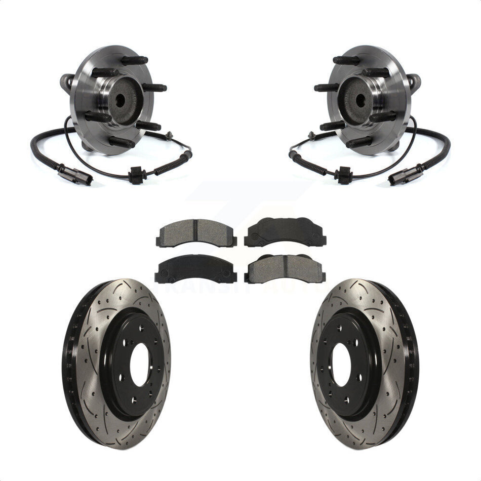 Front Hub Bearing Assembly With Coated Drilled Slotted Disc Brake Rotors And Semi-Metallic Pads Kit For 2011-2014 Ford F-150 RWD 7 Lug Wheels KBB-103226