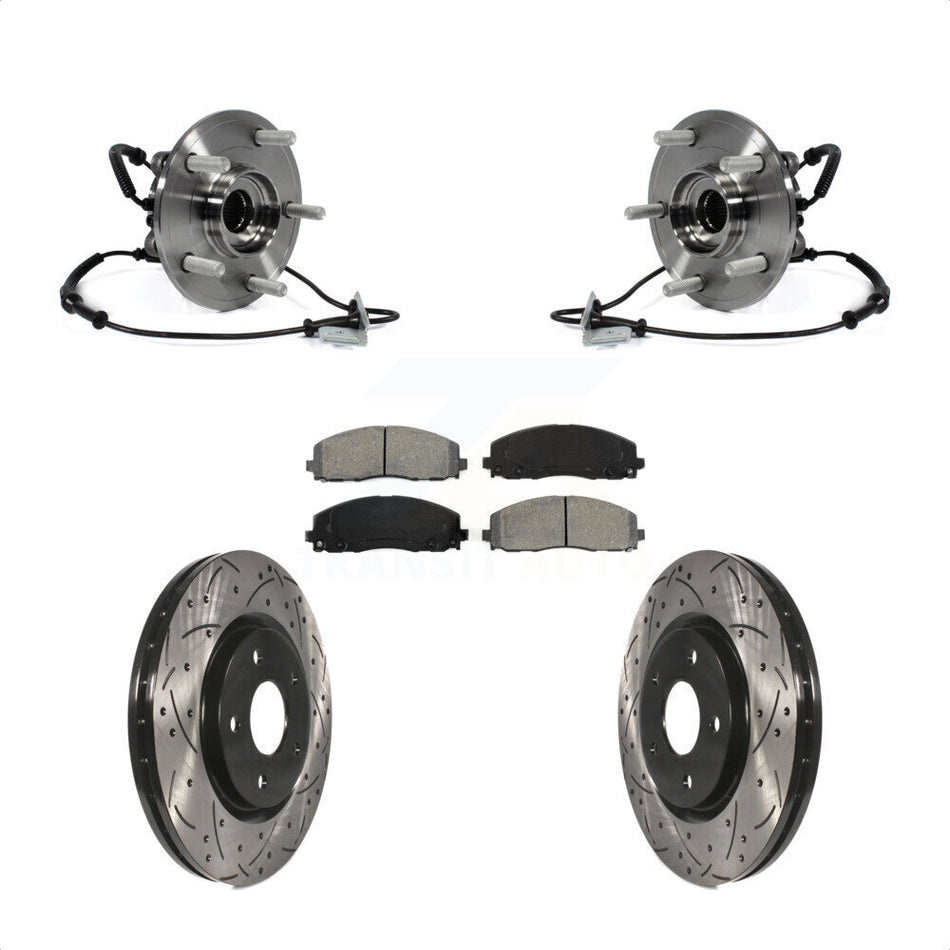 Front Hub Bearing Assembly With Coated Drilled Slotted Disc Brake Rotors And Semi-Metallic Pads Kit For Dodge Grand Caravan Chrysler Town & Country Ram C/V Volkswagen Routan KBB-103231