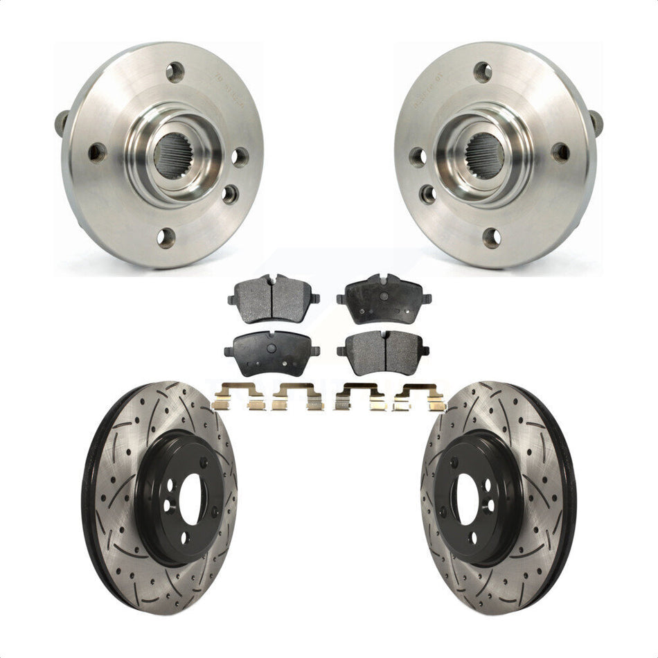 Front Hub Bearing Assembly With Coated Drilled Slotted Disc Brake Rotors And Ceramic Pads Kit For 2002-2006 Mini Cooper 294mm Diameter Rotor 4 Lug Wheels KBB-103270