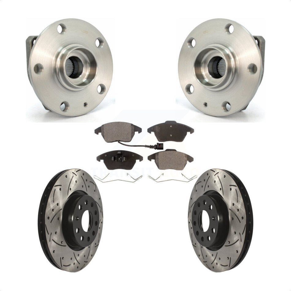 Front Hub Bearing Assembly With Coated Drilled Slotted Disc Brake Rotors And Ceramic Pads Kit For Volkswagen GTI Eos Audi A3 KBB-103286