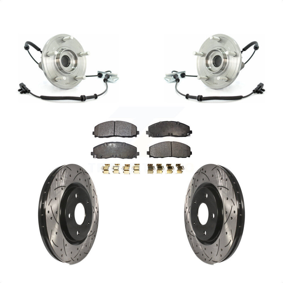 Front Hub Bearing Assembly With Coated Drilled Slotted Disc Brake Rotors And Ceramic Pads Kit For 2012 Volkswagen Routan Dual Piston Caliper KBB-103302