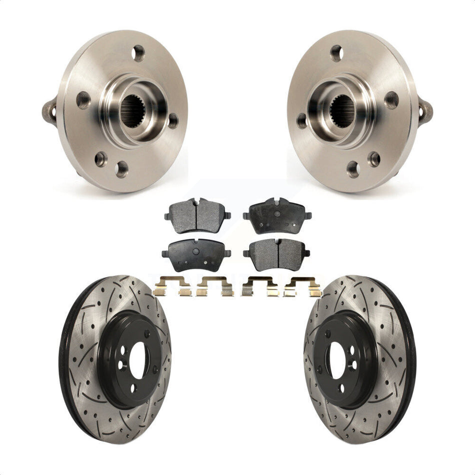 Front Hub Bearing Assembly With Coated Drilled Slotted Disc Brake Rotors And Ceramic Pads Kit For Mini Cooper 294mm Diameter Rotor 4 Lug Wheels KBB-103336