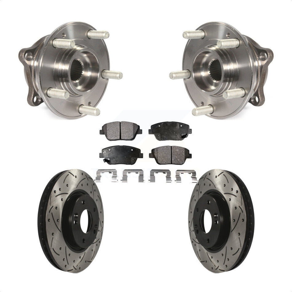 Front Hub Bearing Assembly With Coated Drilled Slotted Disc Brake Rotors And Ceramic Pads Kit For 2015 Hyundai Sonata FULL HYBRID EV-GAS (FHEV) engine KBB-103381