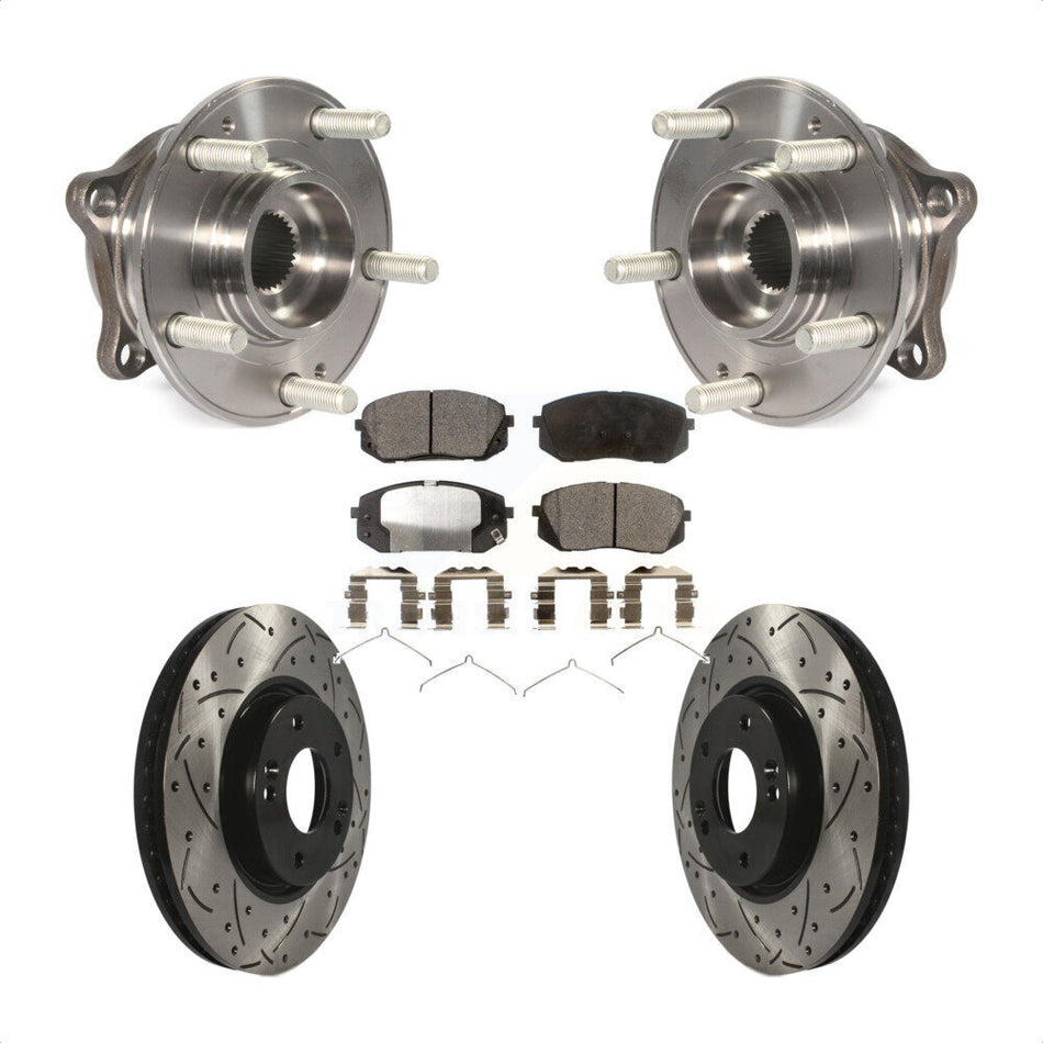 Front Hub Bearing Assembly With Coated Drilled Slotted Disc Brake Rotors And Ceramic Pads Kit For 2016 Hyundai Sonata FULL HYBRID EV-GAS (FHEV) engine KBB-103382