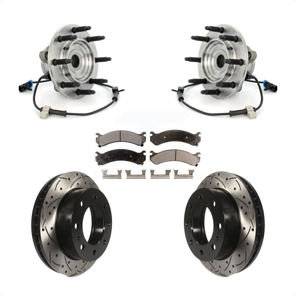 Front Hub Bearing Assembly Coated Drilled Slotted Disc Brake Rotor Pads Kit For Chevrolet Silverado 2500 HD GMC Sierra Hummer H2 Classic 1500 3500 Suburban Yukon XL Avalanche KBB-103386