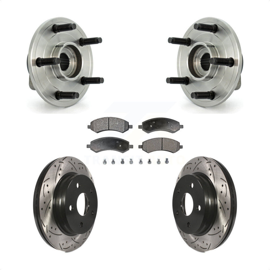 Front Hub Bearing Assembly With Coated Drilled Slotted Disc Brake Rotors And Ceramic Pads Kit For Dodge Ram 1500 5 Lug Wheels KBB-103389