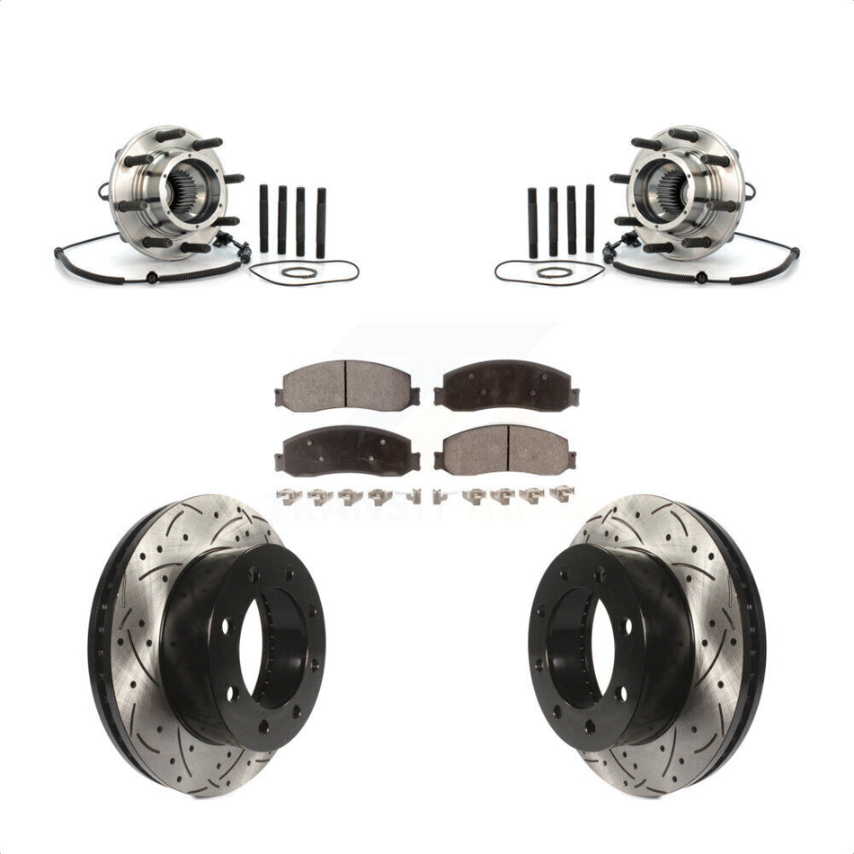 Front Hub Bearing Assembly With Coated Drilled Slotted Disc Brake Rotors And Ceramic Pads Kit For 2010 Ford F-250 Super Duty 4WD Single Rear Wheels KBB-103394