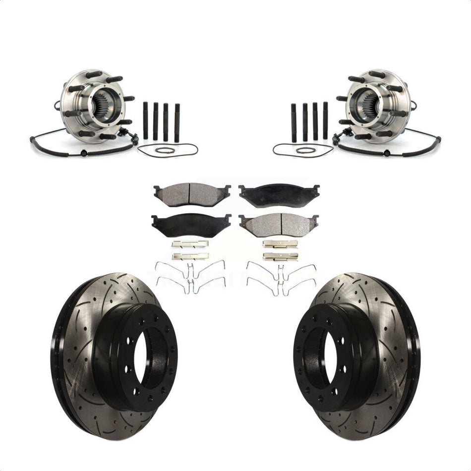 Front Hub Bearing Assembly With Coated Drilled Slotted Disc Brake Rotors And Ceramic Pads Kit For 2010 Ford F-550 Super Duty 4 X Single Rear Wheels KBB-103395