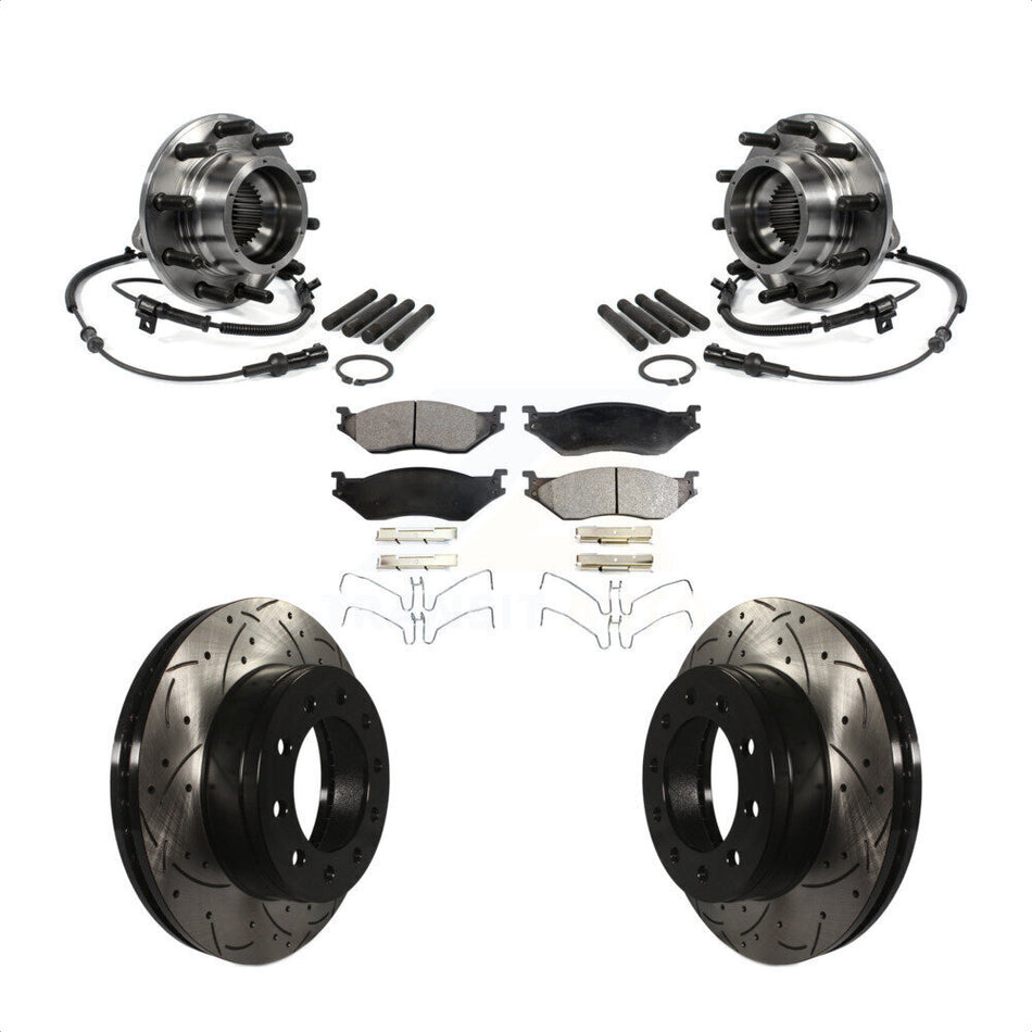 Front Hub Bearing Assembly With Coated Drilled Slotted Disc Brake Rotors And Ceramic Pads Kit For 2005-2010 Ford F-550 Super Duty 4 X Dual Rear Wheels KBB-103397
