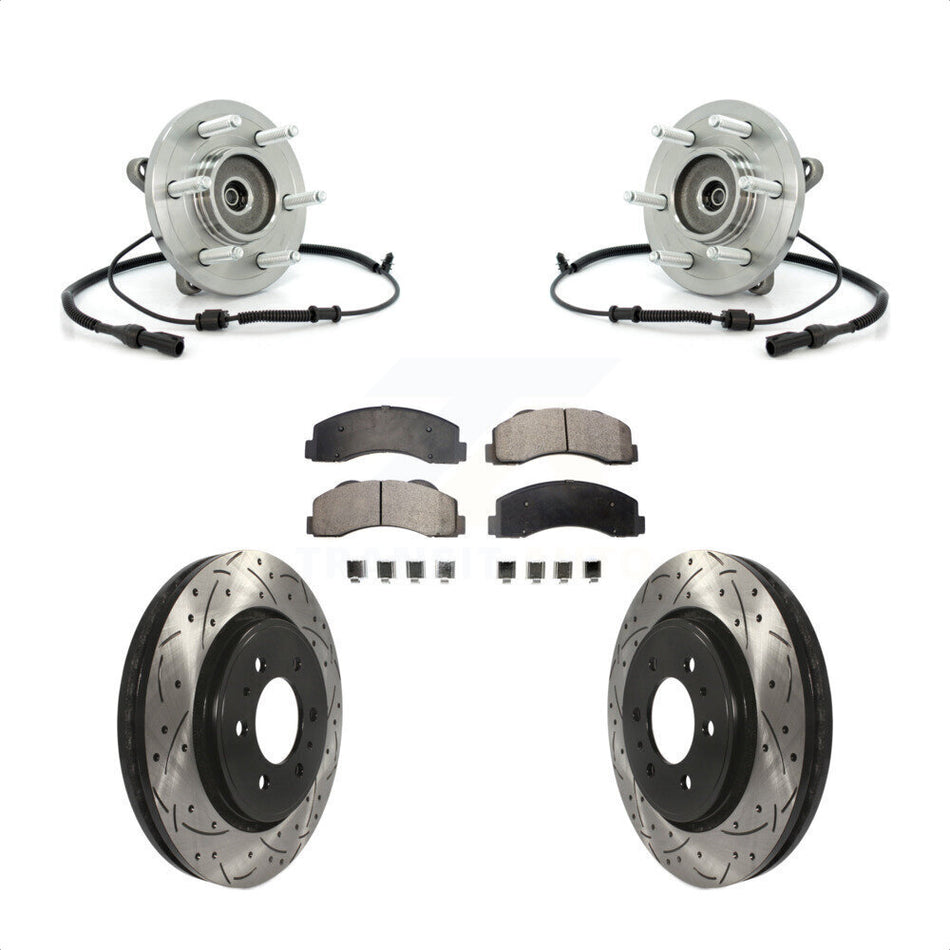 Front Hub Bearing Assembly With Coated Drilled Slotted Disc Brake Rotors And Ceramic Pads Kit For 2010-2010 Ford Expedition Lincoln Navigator 4WD KBB-103403