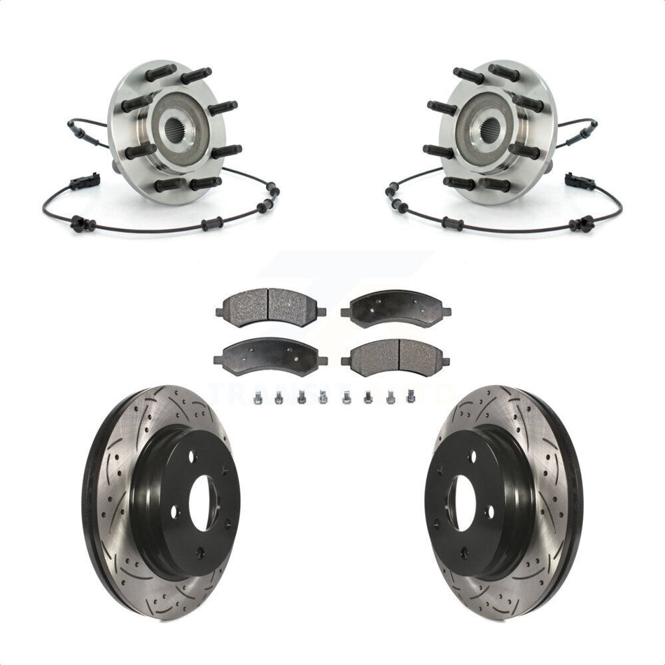 Front Hub Bearing Assembly Coated Drilled Slotted Disc Brake Rotors And Ceramic Pads Kit For 2007-2008 Dodge Ram 1500 Standard Cab Pickup Crew With 8 Lug Wheels KBB-103411