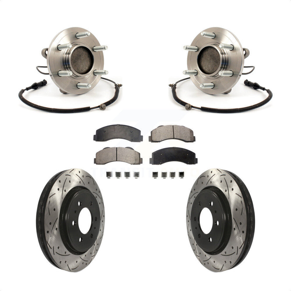Front Hub Bearing Assembly With Coated Drilled Slotted Disc Brake Rotors And Ceramic Pads Kit For 2010 Ford F-150 RWD 6 Lug Wheels Without Heavy Duty Payload Package KBB-103414