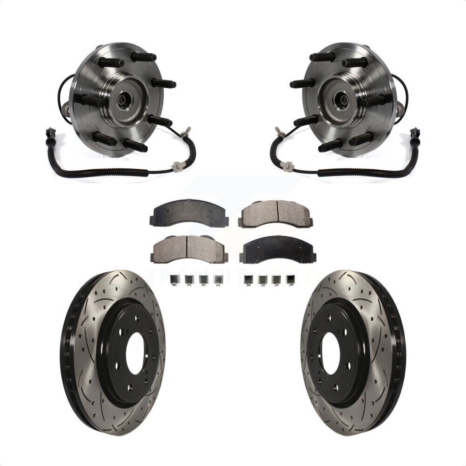 Front Hub Bearing Assembly With Coated Drilled Slotted Disc Brake Rotors And Ceramic Pads Kit For Ford F-150 7 Lug Wheels Heavy Duty Payload Package KBB-103415