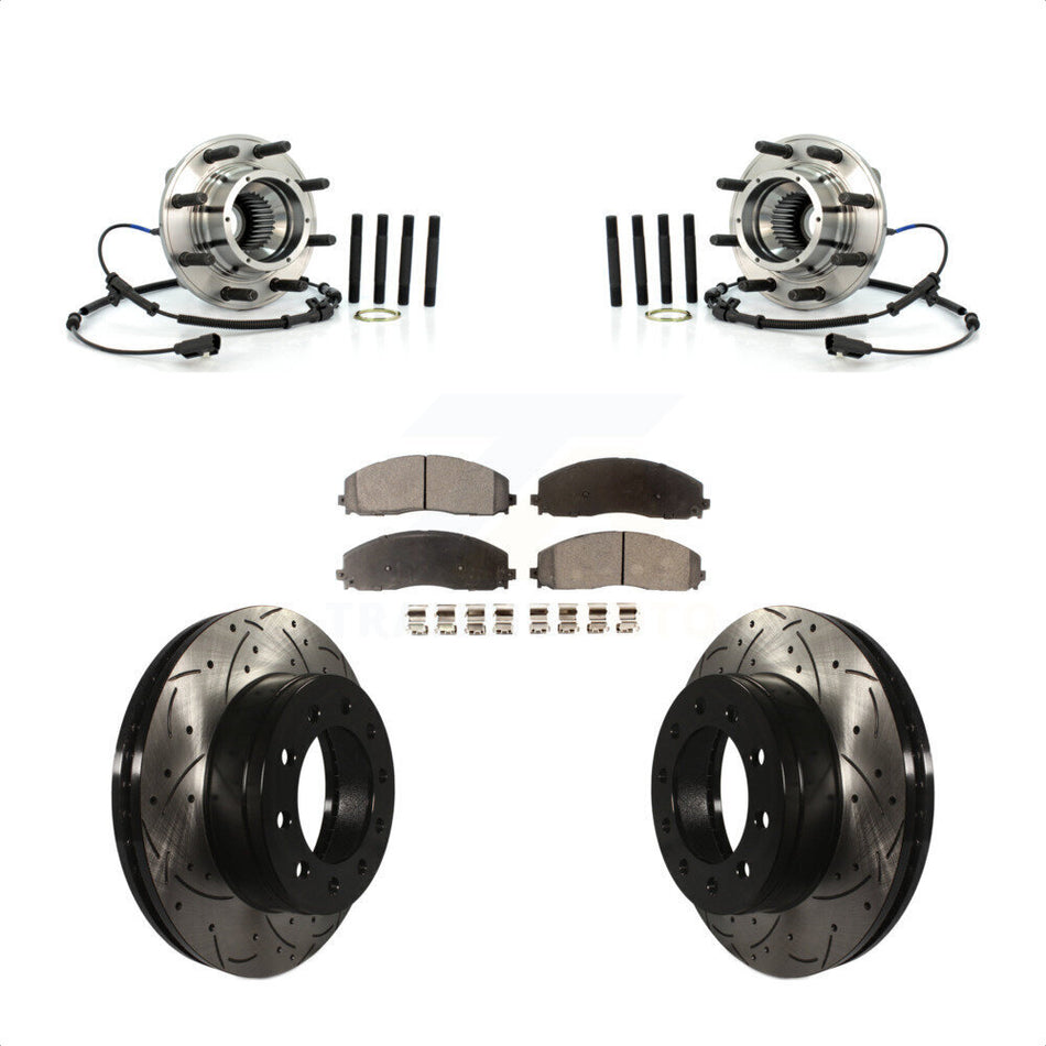 Front Hub Bearing Assembly With Coated Drilled Slotted Disc Brake Rotors And Ceramic Pads Kit For 2013 Ford F-250 Super Duty 4WD Wide Frame Vehicle KBB-103422