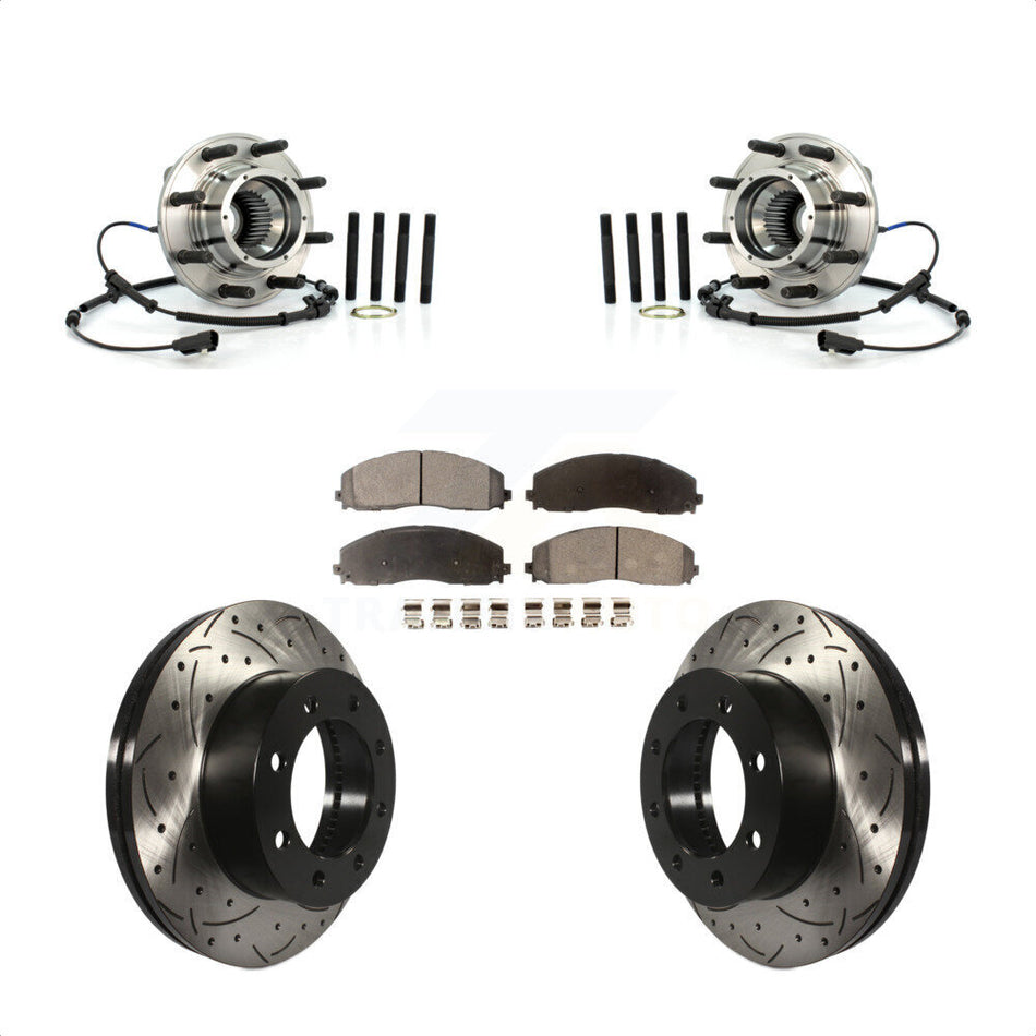 Front Hub Bearing Assembly With Coated Drilled Slotted Disc Brake Rotors And Ceramic Pads Kit For Ford F-250 Super Duty F-350 4WD KBB-103423