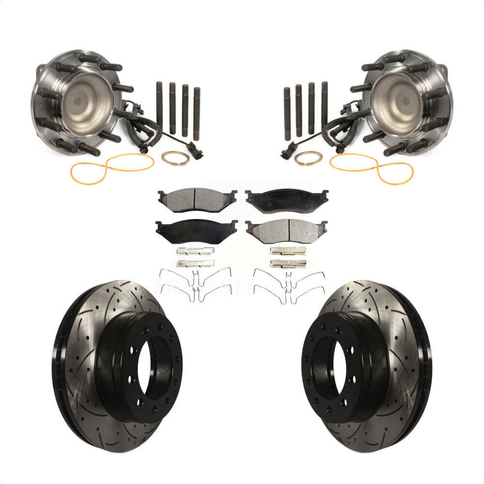 Front Hub Bearing Assembly With Coated Drilled Slotted Disc Brake Rotors And Ceramic Pads Kit For 2011-2016 Ford F-450 Super Duty F-550 4 X 2 KBB-103425
