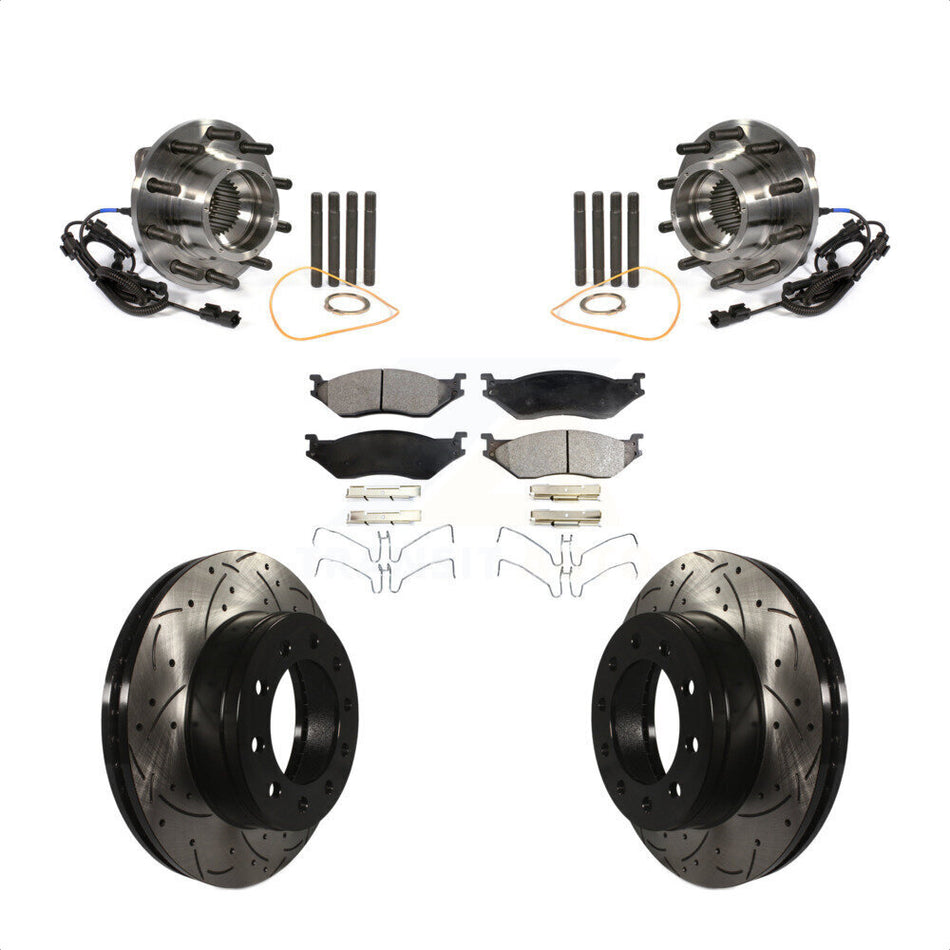 Front Hub Bearing Assembly With Coated Drilled Slotted Disc Brake Rotors And Ceramic Pads Kit For 2011-2016 Ford F-450 Super Duty F-550 4 X KBB-103426