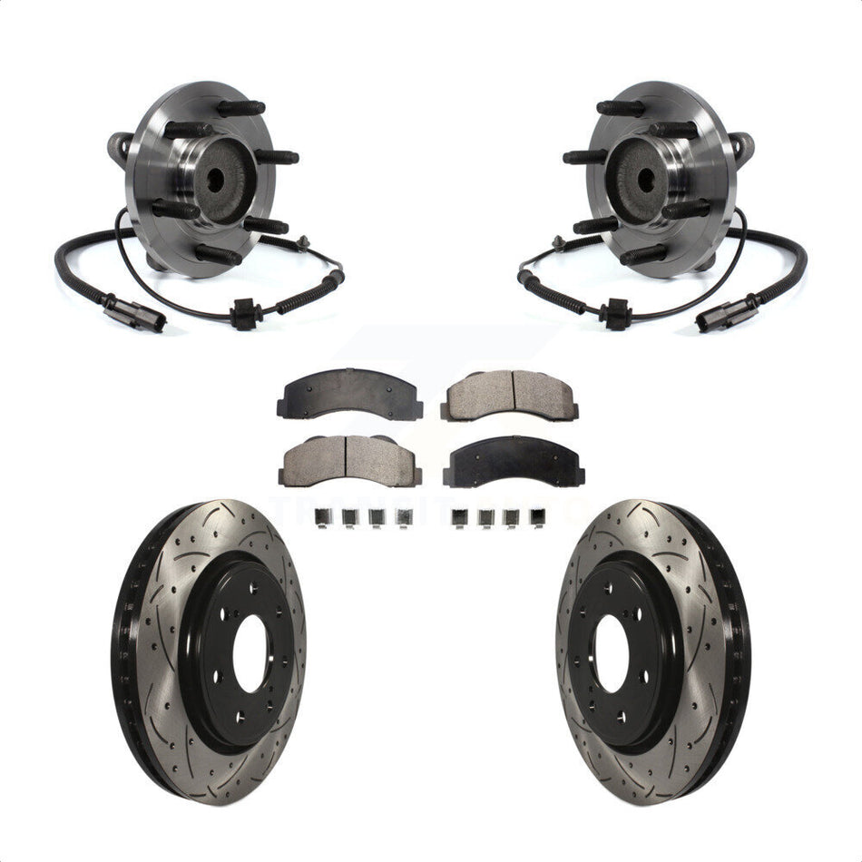 Front Hub Bearing Assembly With Coated Drilled Slotted Disc Brake Rotors And Ceramic Pads Kit For 2011-2014 Ford F-150 RWD 7 Lug Wheels KBB-103429