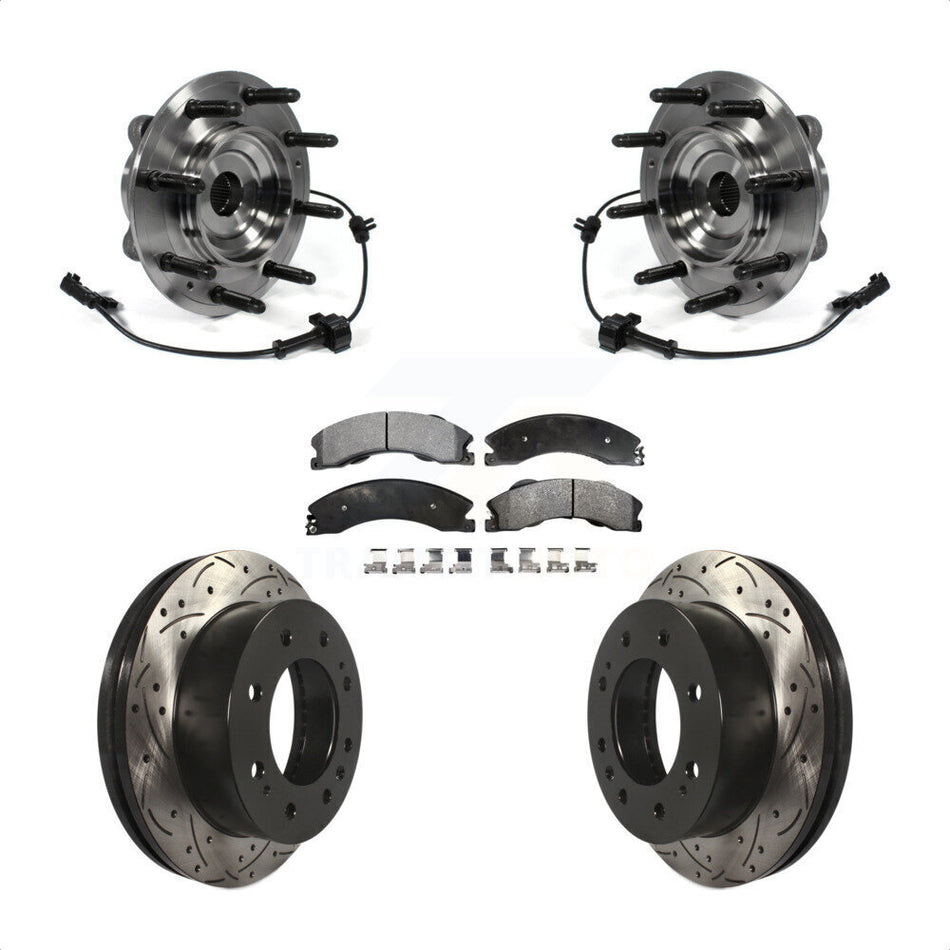 Front Hub Bearing Assembly With Coated Drilled Slotted Disc Brake Rotors And Ceramic Pads Kit For Chevrolet Silverado 2500 HD GMC Sierra 3500 4WD KBB-103430
