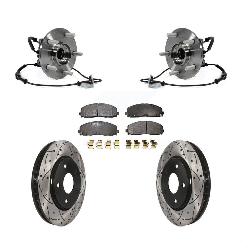 Front Hub Bearing Assembly With Coated Drilled Slotted Disc Brake Rotors And Ceramic Pads Kit For 2017-2018 Dodge Grand Caravan Single Piston Caliper KBB-103433