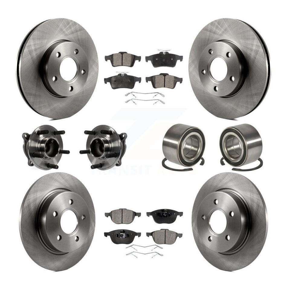 Front Rear Wheel Hub Bearings Assembly Disc Brake Rotors And Ceramic Pads Kit (10Pc) For Ford Focus Without Active Park Assist KBB-107187