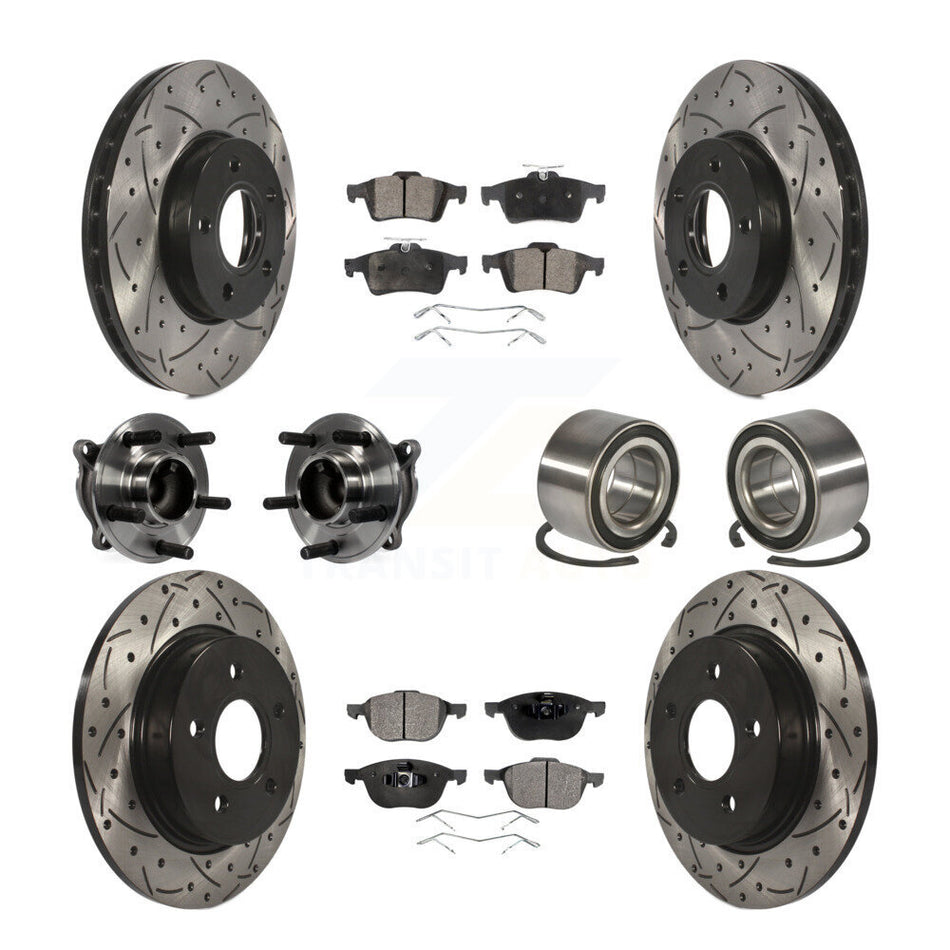 Front Rear Wheel Hub Bearings Assembly Coated Disc Brake Rotors And Semi-Metallic Pads Kit (10Pc) For Ford Focus Without Active Park Assist KBB-107378