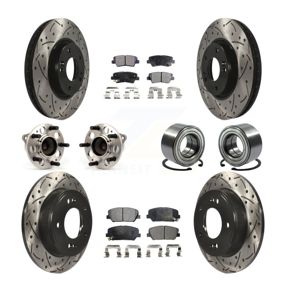 Front Rear Wheel Hub Bearings Assembly Coated Disc Brake Rotors And Semi-Metallic Pads Kit (10Pc) For Hyundai Veloster Kia Forte Koup KBB-107382