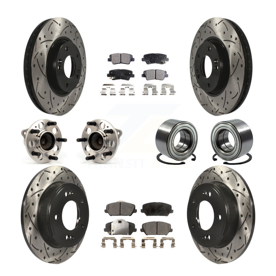 Front Rear Wheel Hub Bearings Assembly Coated Disc Brake Rotors And Semi-Metallic Pads Kit (10Pc) For Kia Forte Forte5 Koup KBB-107384