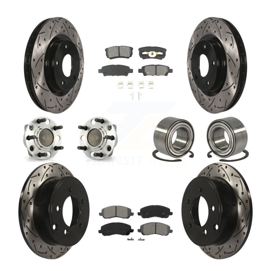 Front Rear Hub Bearings Assembly Coated Disc Brake Rotors And Semi-Metallic Pads Kit (10Pc) For 2007 Dodge Caliber FWD with Drum rear brakes Non-ABS With 294mm Diameter Rotor KBB-107432