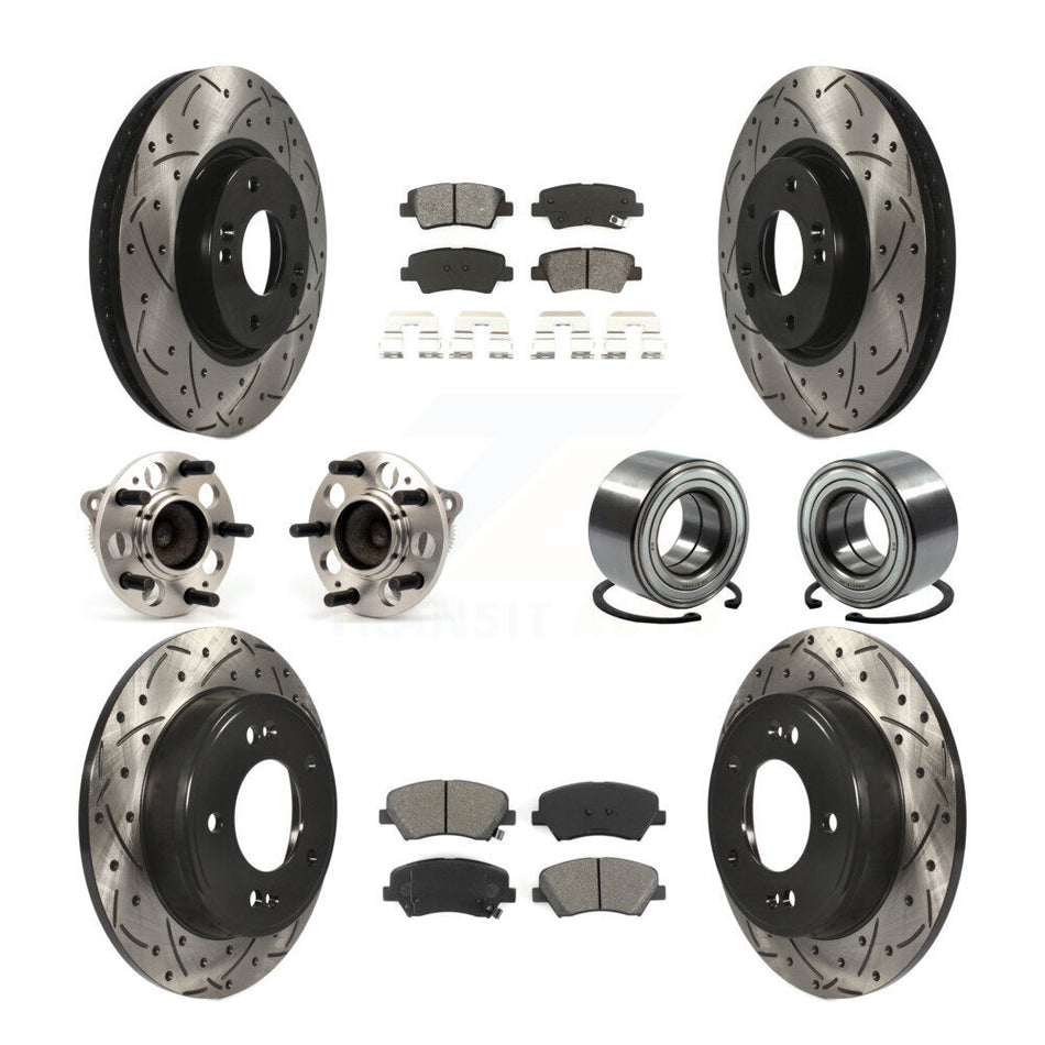 Front Rear Wheel Hub Bearings Assembly Coated Disc Brake Rotors And Semi-Metallic Pads Kit (10Pc) For 2015 Hyundai Veloster Tech RE FLEX SE KBB-107481