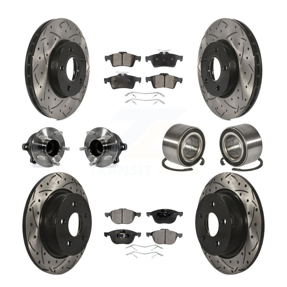 Front Rear Wheel Hub Bearings Assembly Coated Disc Brake Rotors And Ceramic Pads Kit (10Pc) For Ford C-Max Without Parking Assist KBB-107580