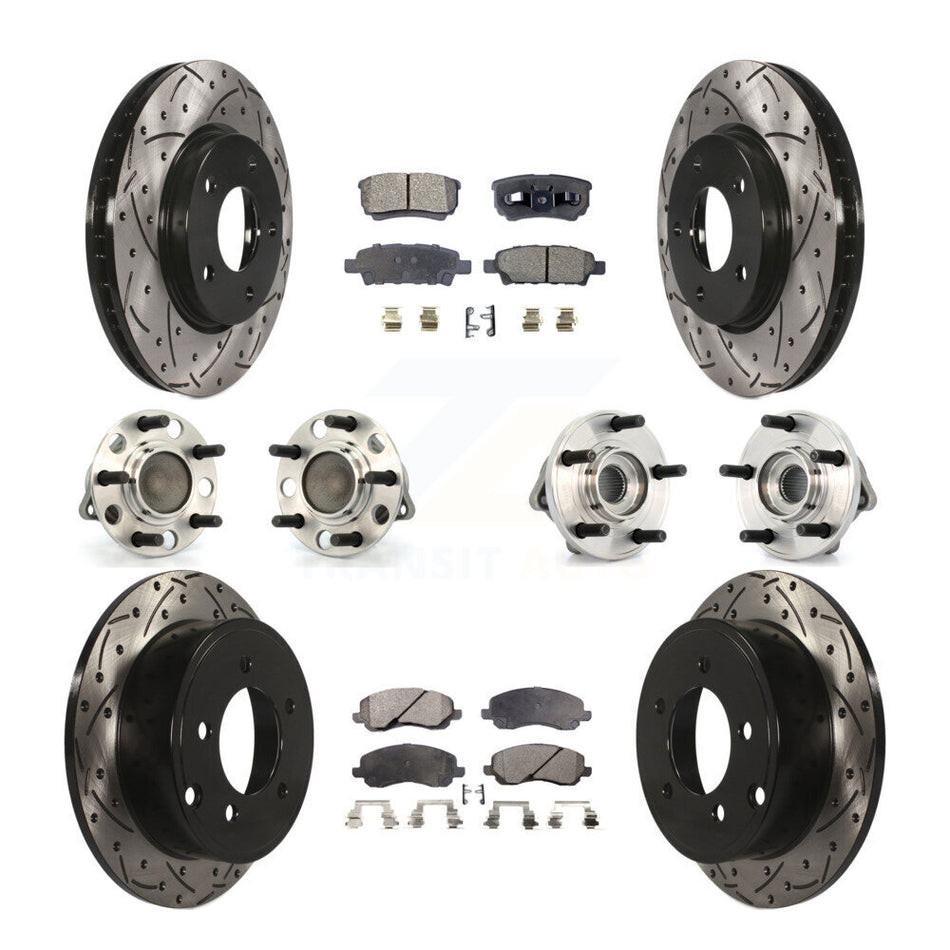 Front Rear Hub Bearings Assembly Coated Disc Brake Rotors And Semi-Metallic Pads Kit (10Pc) For 2009 Dodge Caliber SXT with Drum rear brakes 4-Wheel ABS KBB-110773