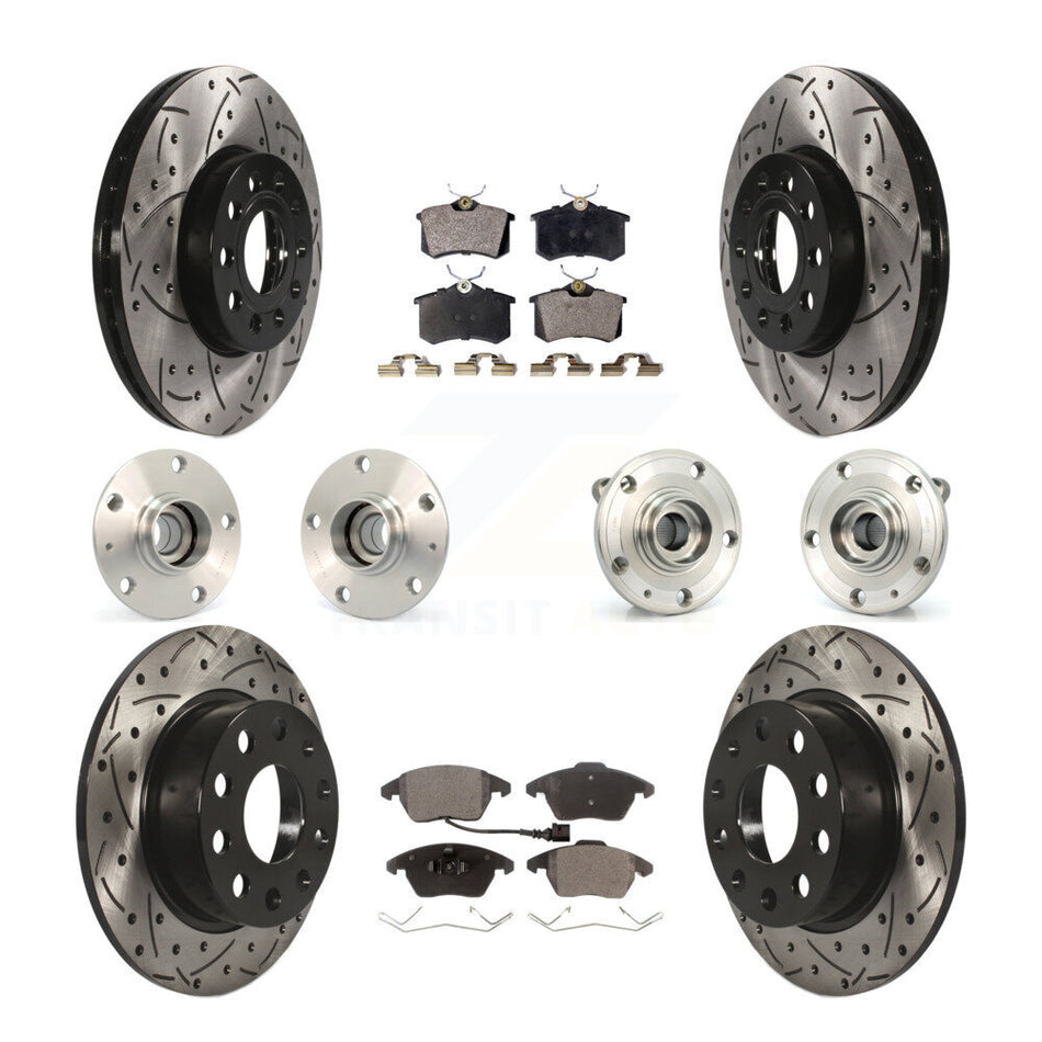 Front Rear Hub Bearings Coated Disc Brake Rotors And Semi-Metallic Pads Kit (10Pc) For 2014 Volkswagen Beetle Base Highline Comfortline with 2.5L With 253mm Diameter Rotor KBB-110781