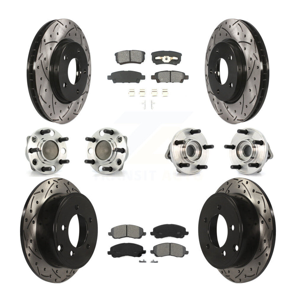 Front Rear Hub Bearings Assembly Coated Disc Brake Rotors And Semi-Metallic Pads Kit (10Pc) For 2009 Dodge Caliber SXT with Drum rear brakes Non-ABS KBB-110990