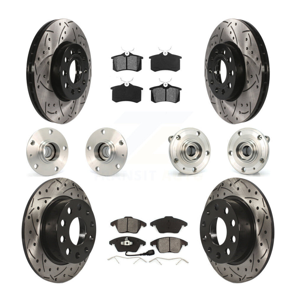 Front Rear Hub Bearings Coated Disc Brake Rotors And Semi-Metallic Pads Kit (10Pc) For 2014 Volkswagen Beetle Base Highline Comfortline with 2.5L With 253mm Diameter Rotor KBB-111001