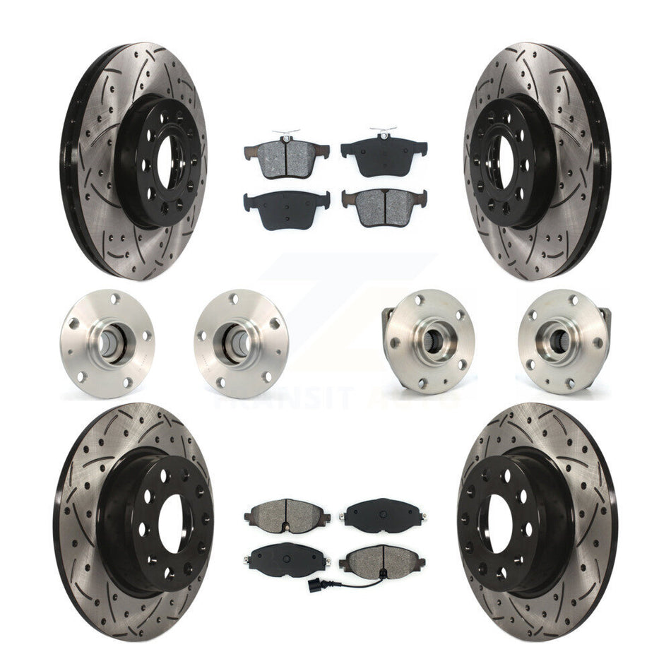Front Rear Hub Bearings Assembly Coated Disc Brake Rotors And Semi-Metallic Pads Kit (10Pc) For 2015-2019 Volkswagen e-Golf KBB-111006