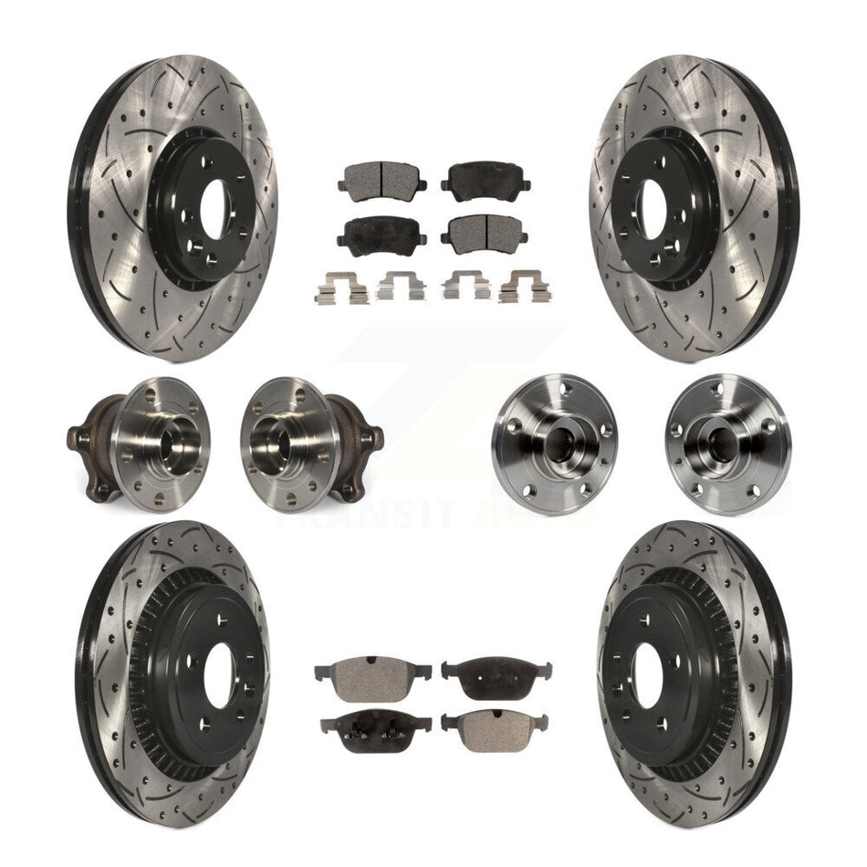 Front Rear Hub Bearings Assembly Coated Disc Brake Rotors And Ceramic Pads Kit (10Pc) For 2010-2015 Volvo XC60 AWD KBB-111306