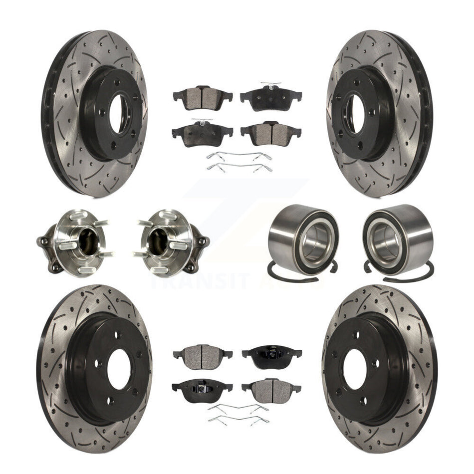 Front Rear Wheel Hub Bearings Assembly Coated Disc Brake Rotors And Semi-Metallic Pads Kit (10Pc) For Ford Focus With Parking Assist KBB-113172