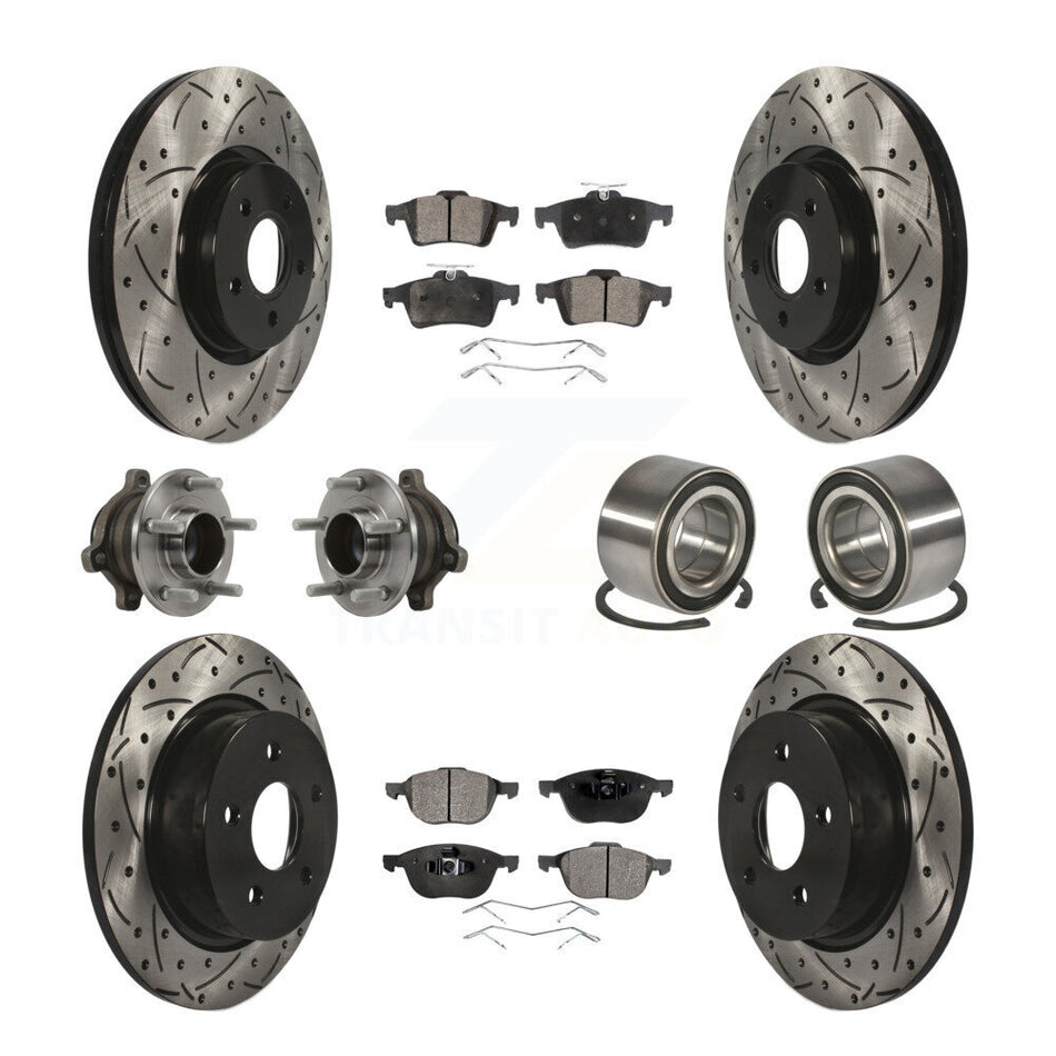 Front Rear Wheel Hub Bearings Assembly Coated Disc Brake Rotors And Semi-Metallic Pads Kit (10Pc) For 2014 Ford Connect 104.8" wheel base KBB-113177