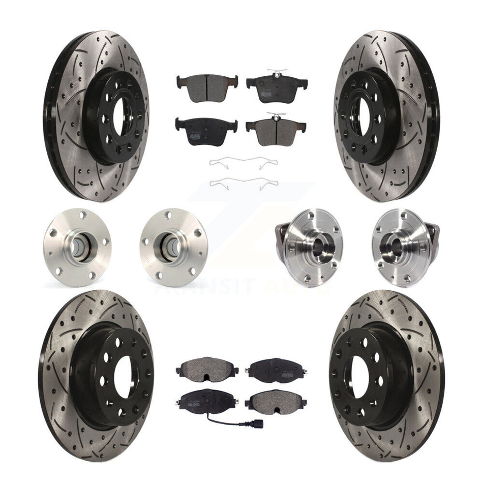 Front Rear Hub Bearings Assembly Coated Disc Brake Rotors And Semi-Metallic Pads Kit (10Pc) For 2016 Audi A3 Sedan with FWD 2.0L With 85mm Bearing Outer Diameter KBB-113507